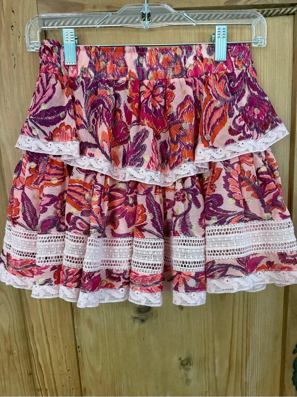 Olivaceous Pink & Purple Floral Lace-Trim Tiered Skater Skirt